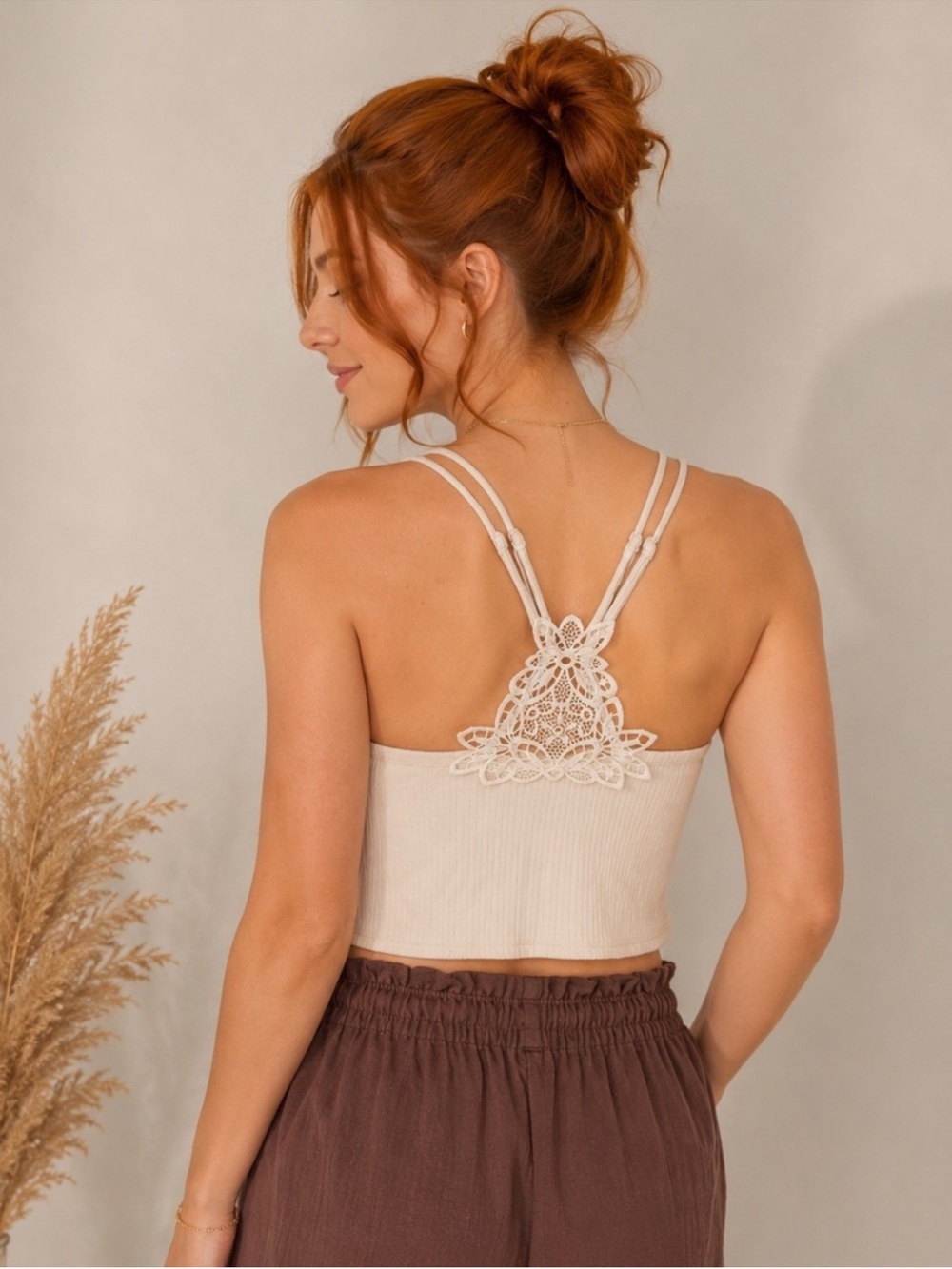 aerie Beige Ribbed Lace-Back Cami with built in bra
